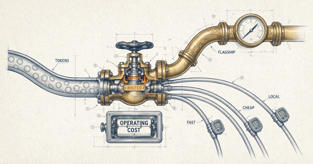 Illustration of a routing valve splitting one stream of tokens between a large expensive pipe and several smaller efficient pipes